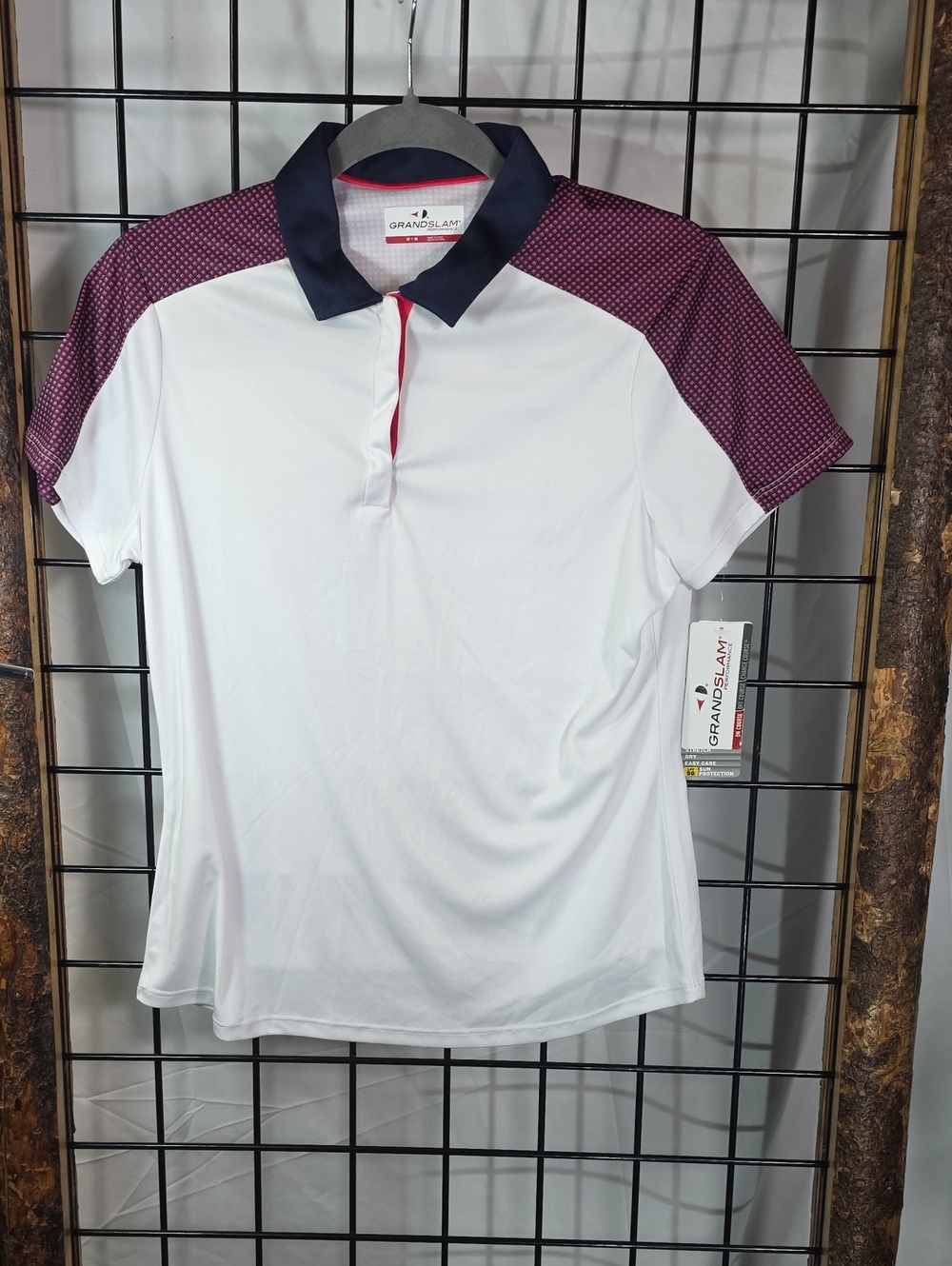 Grand Slam White Polo with Maroon Patterned Shoulders and Navy Collar Trim